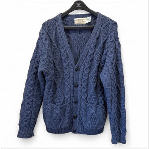 Mens 100% Merino Wool Aran Islands Navy Blue Sweater Cardigan Small